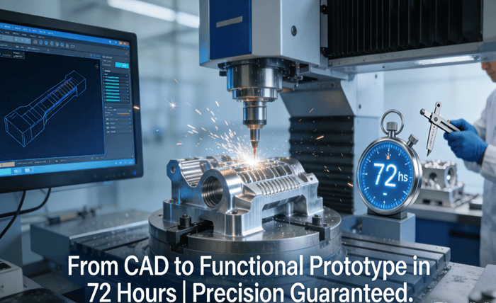 72 Hours from Concept to Functional Prototype A Guide to CNC Rapid Prototyping Diagram illustrating the 72-hour functional prototype delivery process at JS Precision, featuring 5-axis CNC machining, digital simulation, and quality inspection